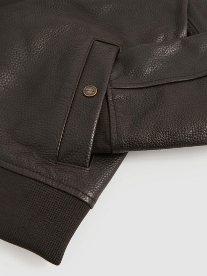Reiss Leather Bomber Jacket in Brown