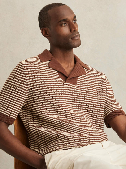 Reiss Cotton Textured Knit Stripe Polo Shirt in Tobacco Brown/ Off White