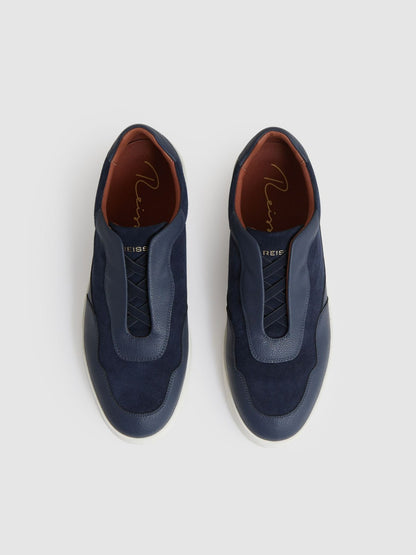 Reiss Leather Elasticated-Lace Trainers in Navy Blue