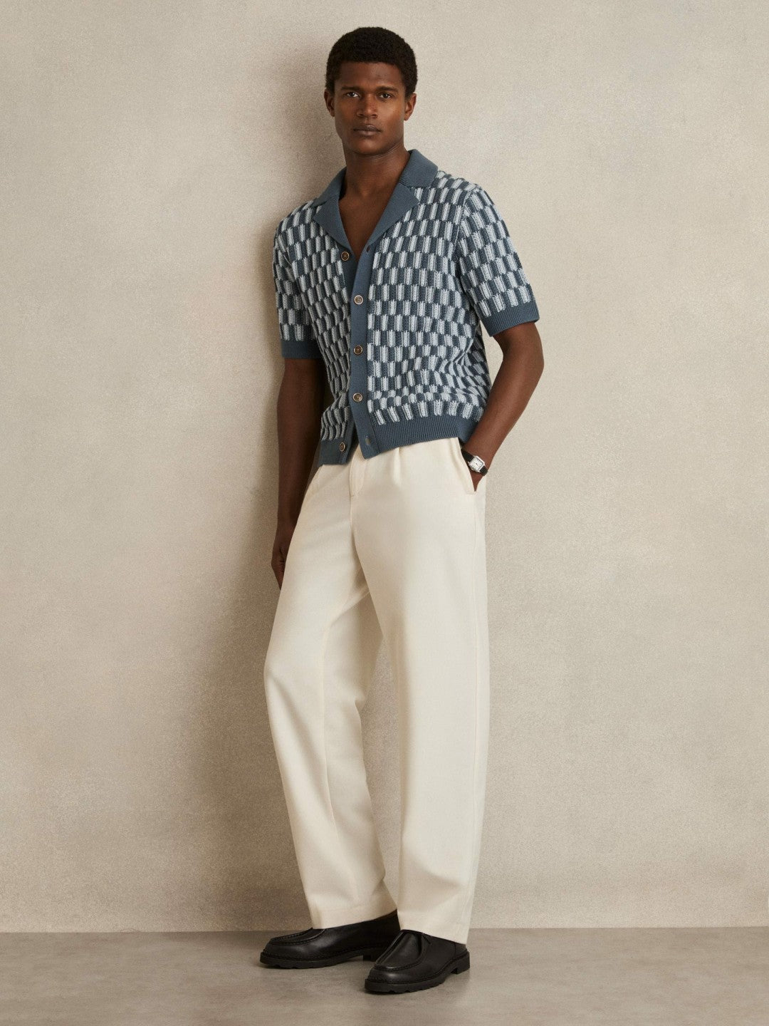 Reiss Cotton Checkerboard-Knit Shirt in Airforce Blue/Soft Blue