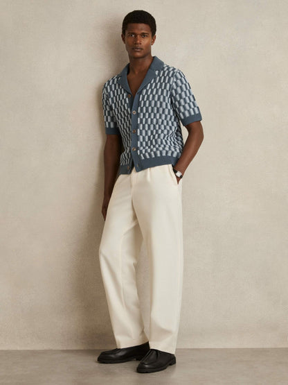 Reiss Cotton Checkerboard-Knit Shirt in Airforce Blue/Soft Blue