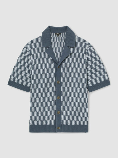 Reiss Cotton Checkerboard-Knit Shirt in Airforce Blue/Soft Blue