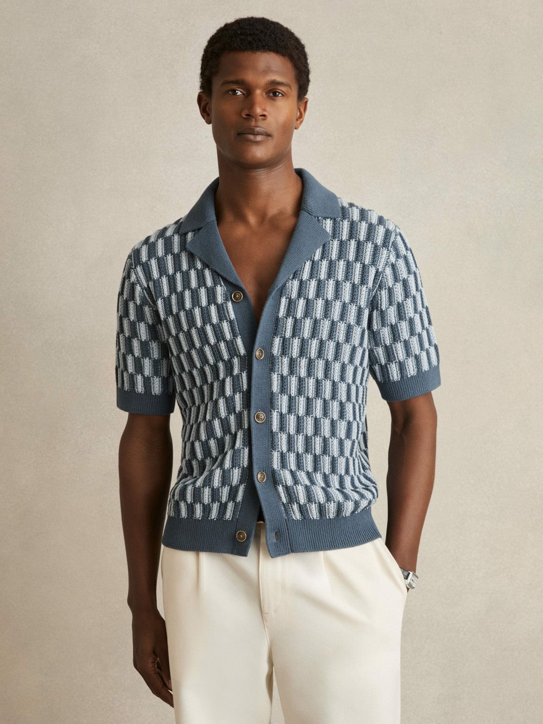 Reiss Cotton Checkerboard-Knit Shirt in Airforce Blue/Soft Blue