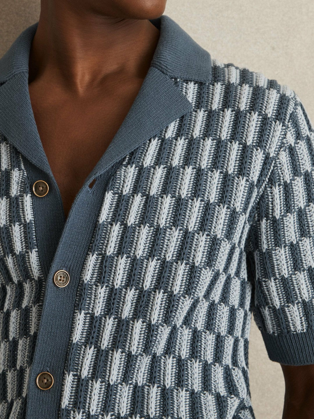 Reiss Cotton Checkerboard-Knit Shirt in Airforce Blue/Soft Blue