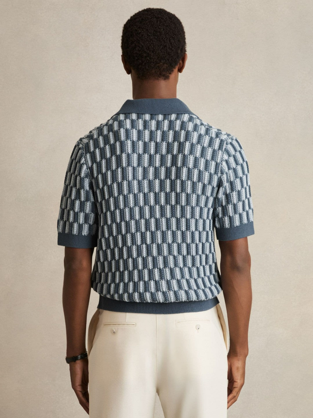 Reiss Cotton Checkerboard-Knit Shirt in Airforce Blue/Soft Blue