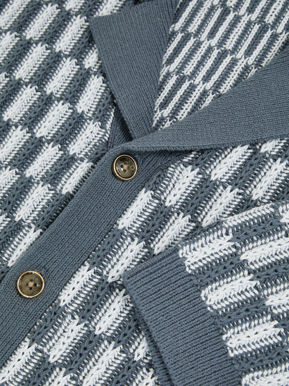 Reiss Cotton Checkerboard-Knit Shirt in Airforce Blue/Soft Blue