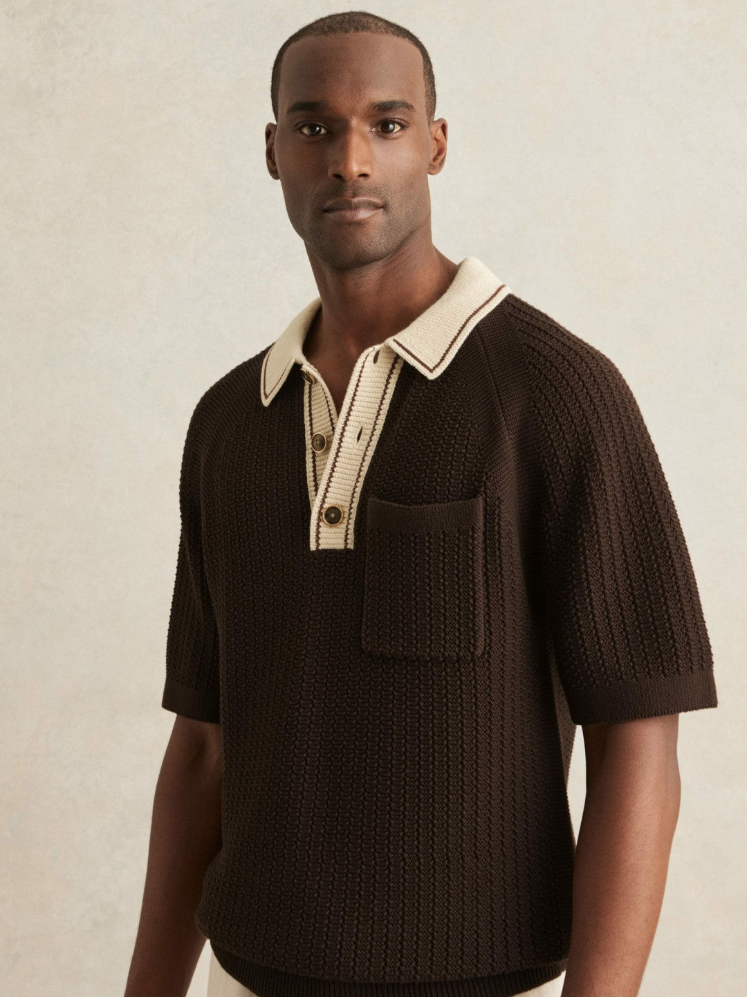 Reiss Cotton Textured Knit Contrast Polo Shirt in Dark Brown/Stone