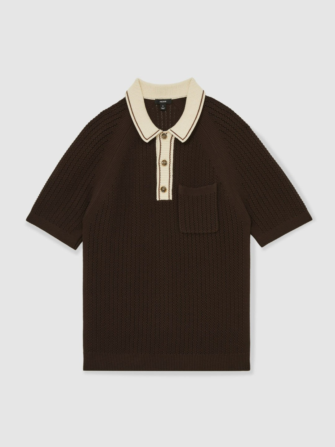 Reiss Cotton Textured Knit Contrast Polo Shirt in Dark Brown/Stone