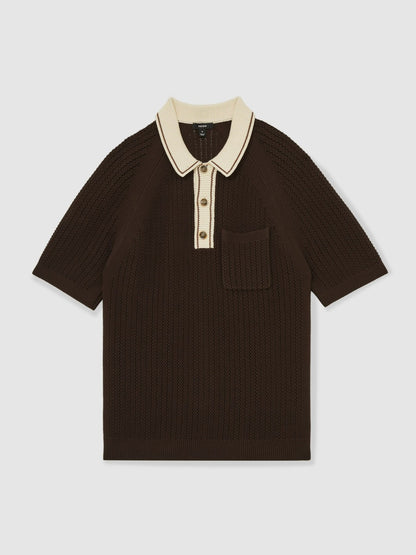 Reiss Cotton Textured Knit Contrast Polo Shirt in Dark Brown/Stone