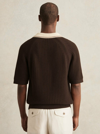 Reiss Cotton Textured Knit Contrast Polo Shirt in Dark Brown/Stone