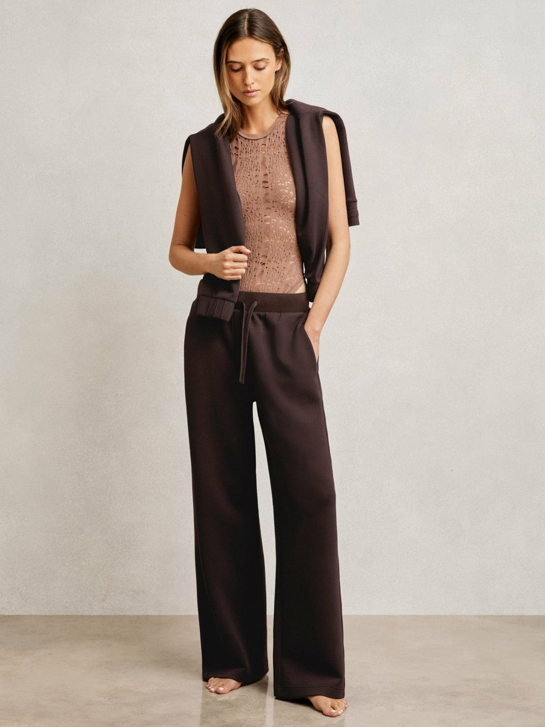Reiss Wide-Leg Interlock Drawstring Joggers in Plum