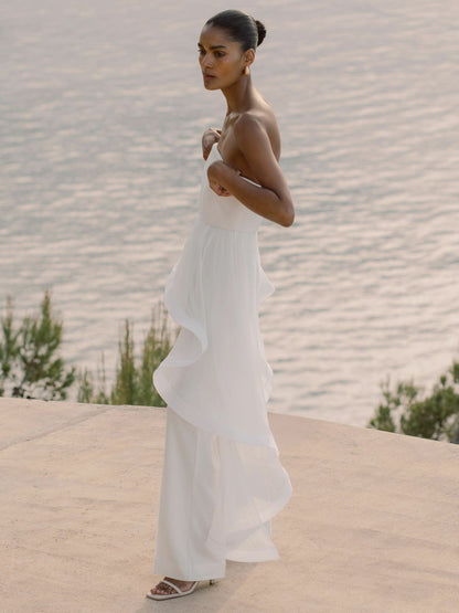 Reiss Silk Ruffle Bandeau Wide-Leg Jumpsuit in Ivory