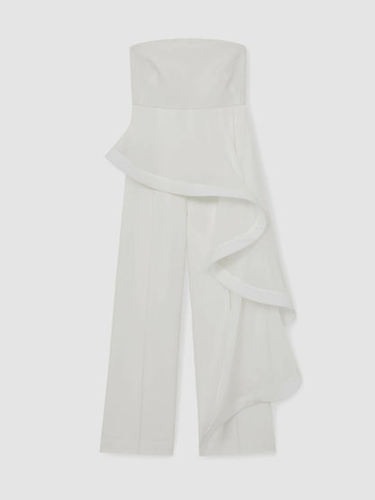 Reiss Silk Ruffle Bandeau Wide-Leg Jumpsuit in Ivory