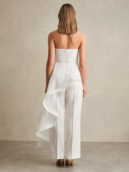 Reiss Silk Ruffle Bandeau Wide-Leg Jumpsuit in Ivory