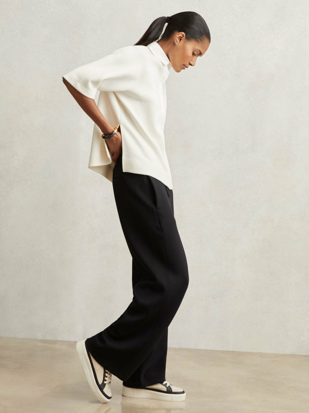 Reiss Petite Wide-Leg Interlock Drawstring Joggers in Black
