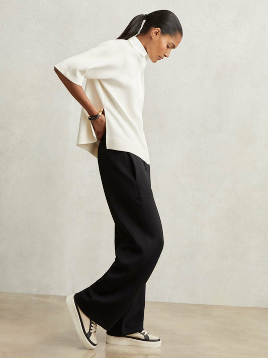 Reiss Petite Wide-Leg Interlock Drawstring Joggers in Black