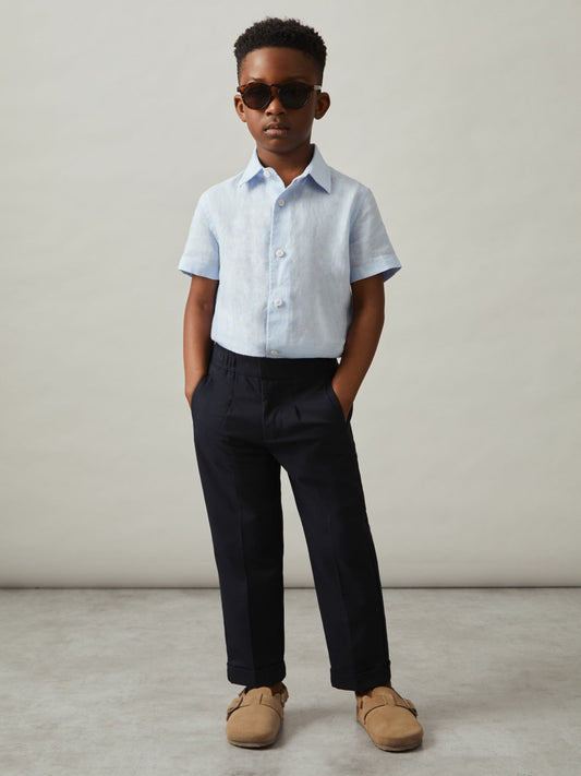 Reiss 3-9 yrs Short Sleeve Linen Shirt in Pale Blue