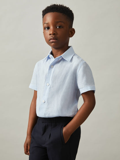 Reiss 3-9 yrs Short Sleeve Linen Shirt in Pale Blue