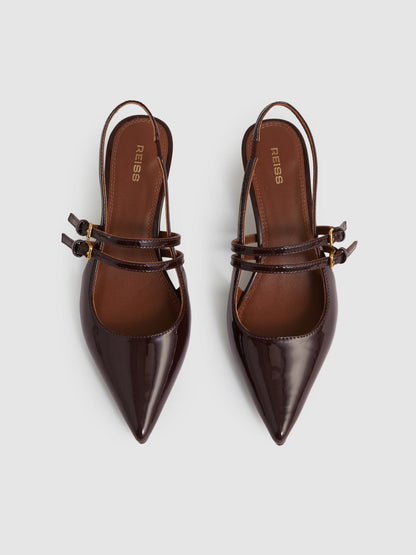 Reiss Leather Slingback Buckle Court Shoes in Oxblood