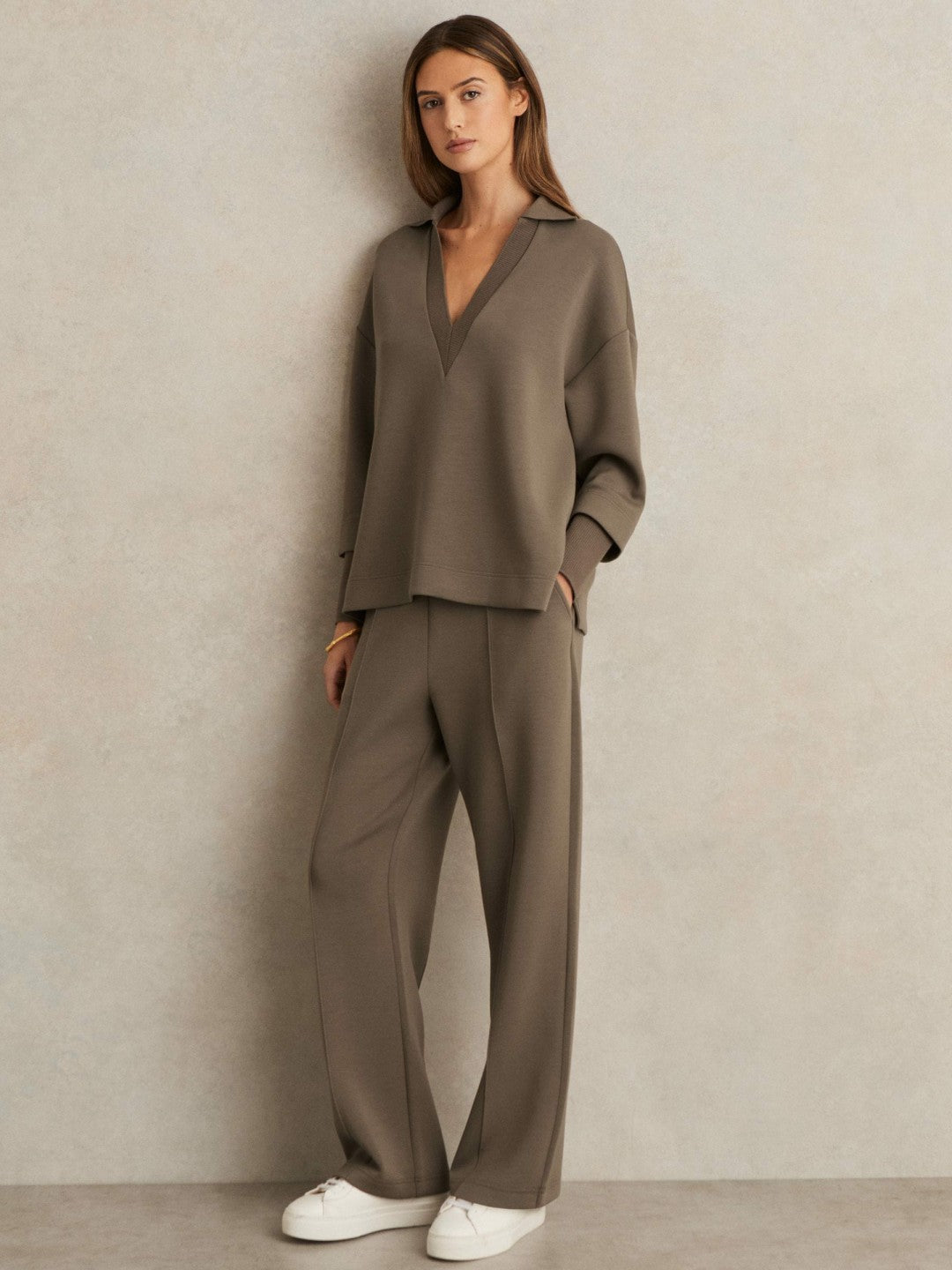 Reiss Modal-Blend Interlock Wide-Leg Joggers in Khaki Green
