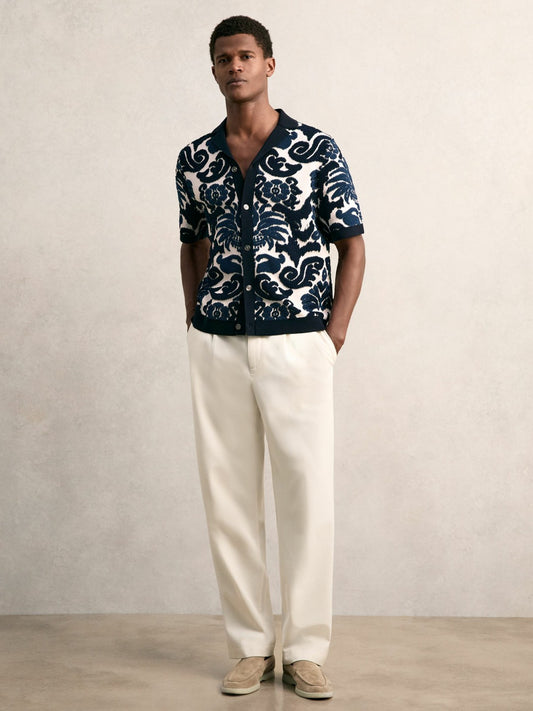 Reiss Paisley Jacquard Knit Shirt in Navy Blue/White