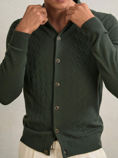 Reiss Wool V-Stitch Button-Through Cardigan in Forest Green