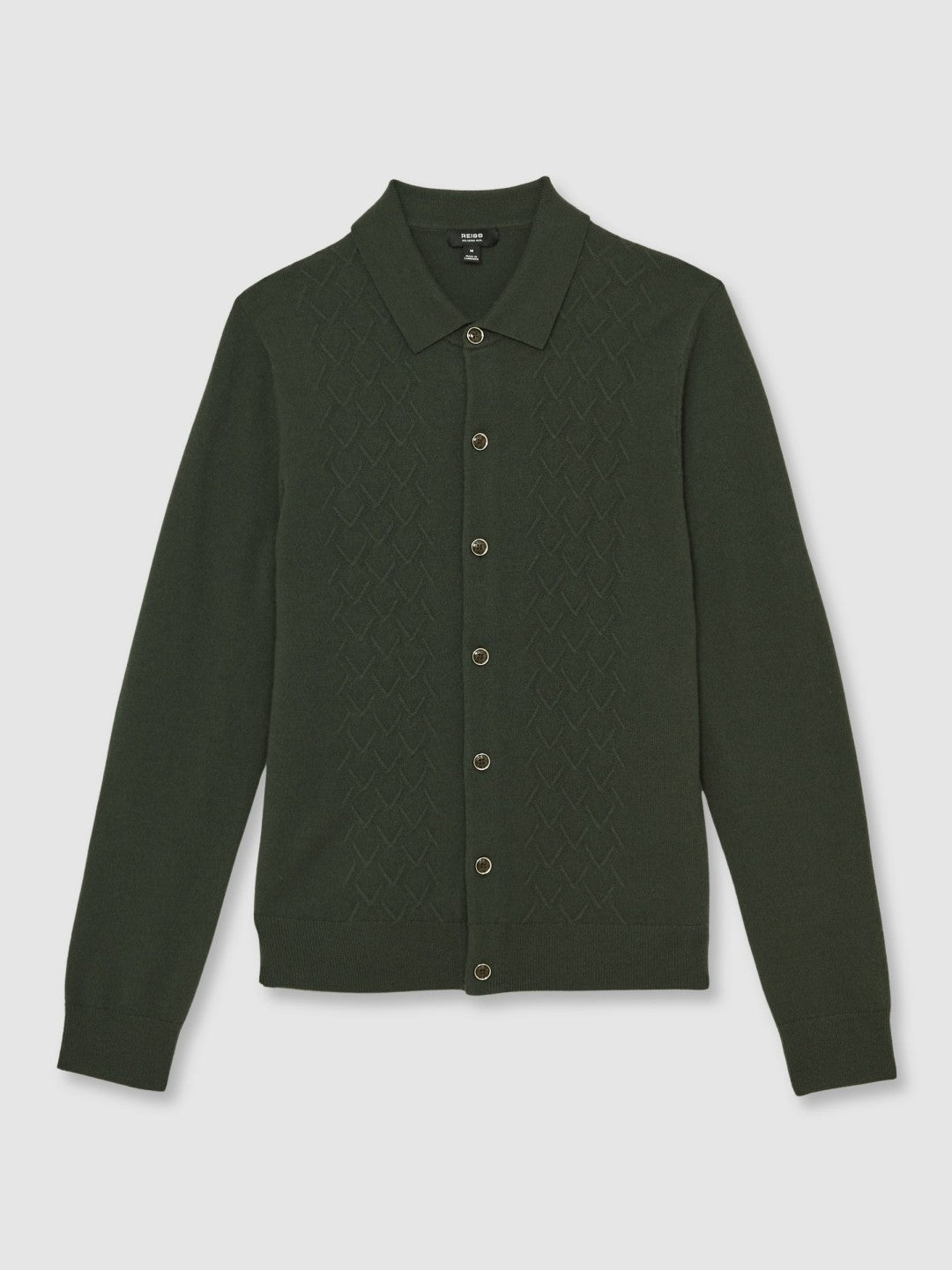 Reiss Wool V-Stitch Button-Through Cardigan in Forest Green
