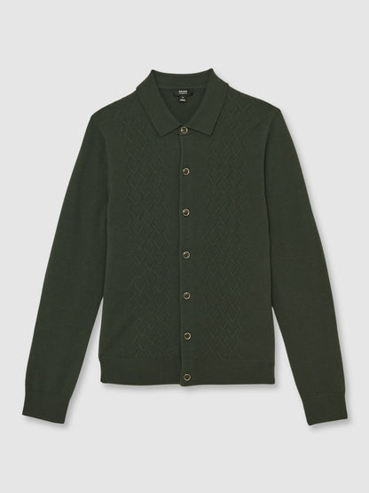 Reiss Wool V-Stitch Button-Through Cardigan in Forest Green