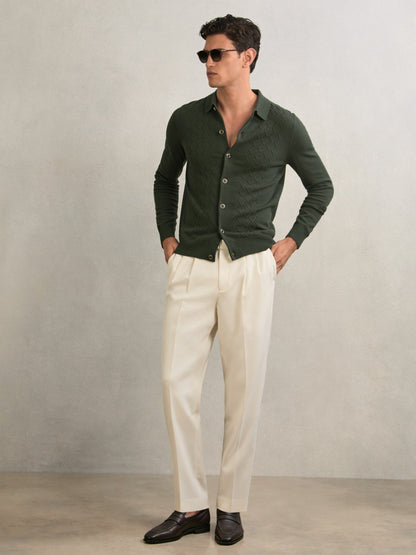 Reiss Wool V-Stitch Button-Through Cardigan in Forest Green