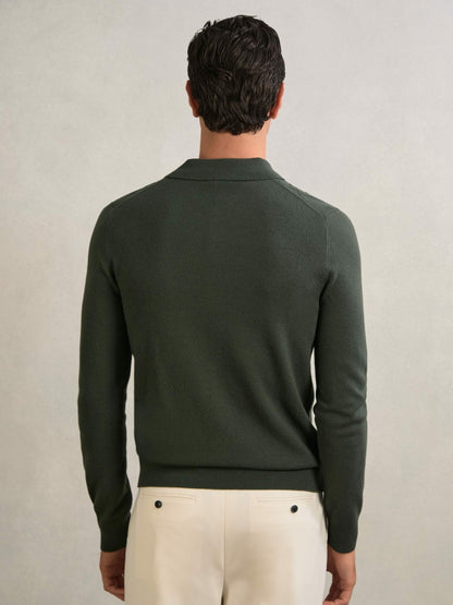 Reiss Wool V-Stitch Button-Through Cardigan in Forest Green