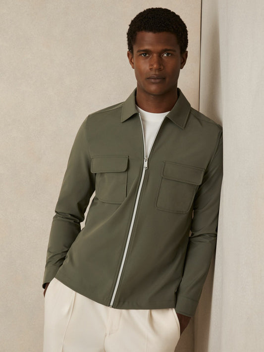 Reiss Technical Zip-Through Overshirt in Green