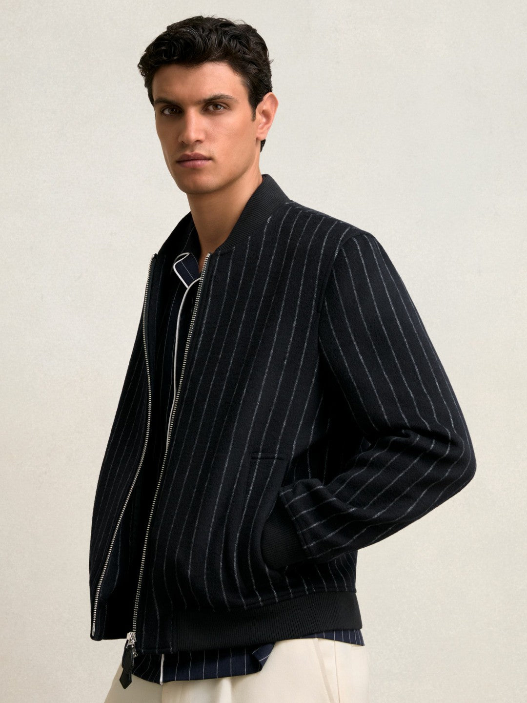 Reiss Wool-Blend Chalk-Stripe Bomber Jacket in Navy