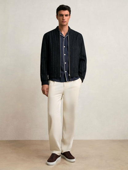 Reiss Wool-Blend Chalk-Stripe Bomber Jacket in Navy