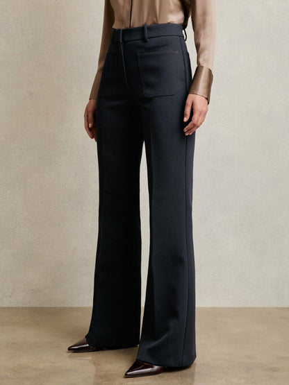 Reiss Twill Patch-Pocket Flared Trousers in Navy