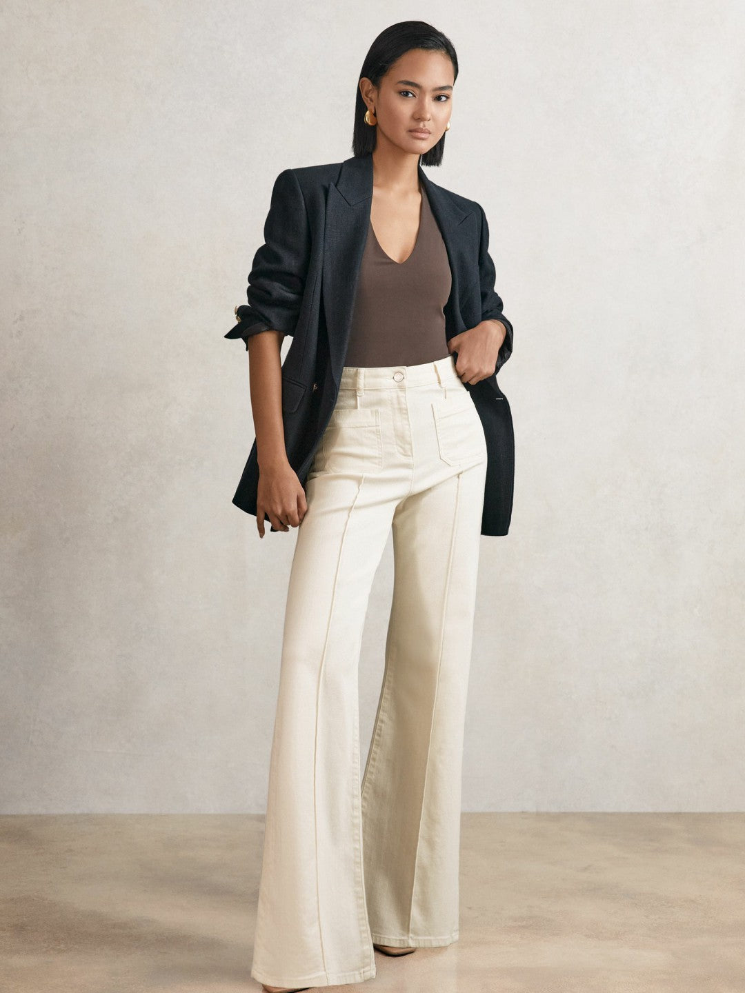Reiss Petite Patch-Pocket Flared Jeans in Ecru