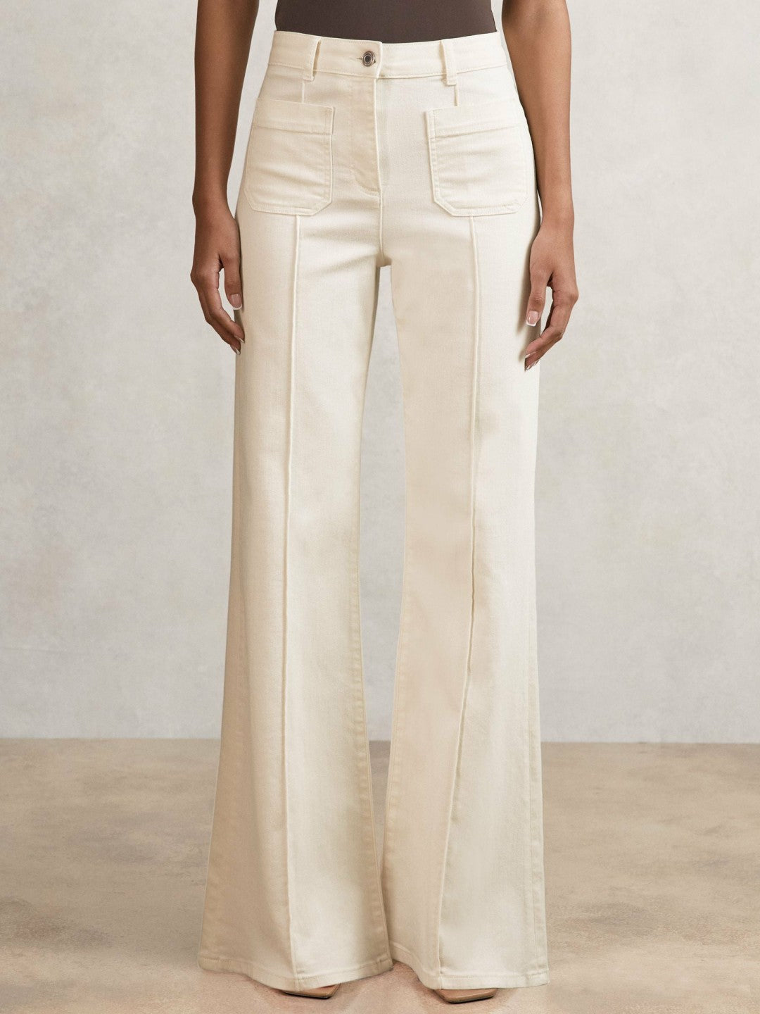 Reiss Petite Patch-Pocket Flared Jeans in Ecru