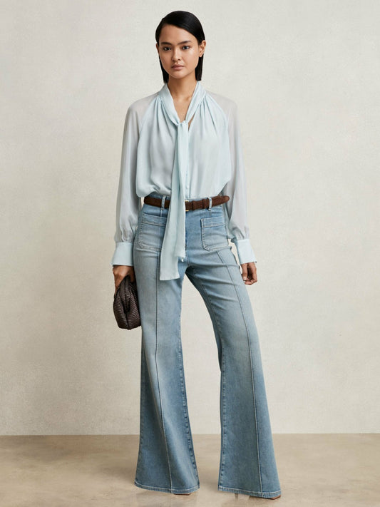 Reiss Silk Blend Chiffon Tie-Neck Blouse in Pale Blue