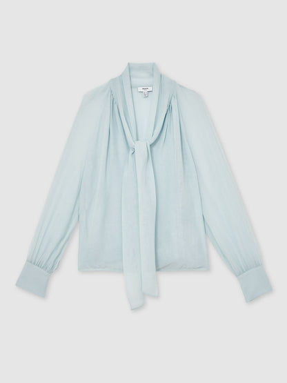Reiss Silk Blend Chiffon Tie-Neck Blouse in Pale Blue
