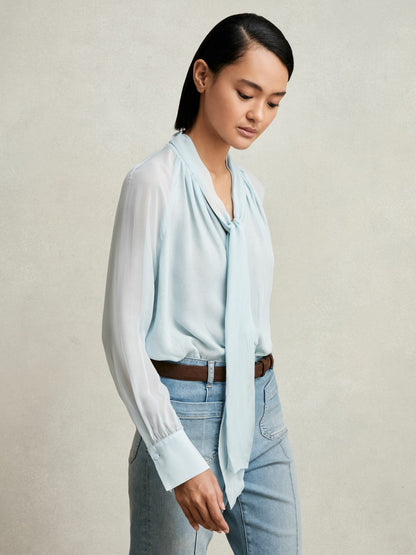 Reiss Silk Blend Chiffon Tie-Neck Blouse in Pale Blue