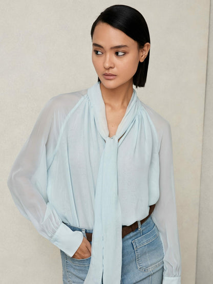 Reiss Silk Blend Chiffon Tie-Neck Blouse in Pale Blue
