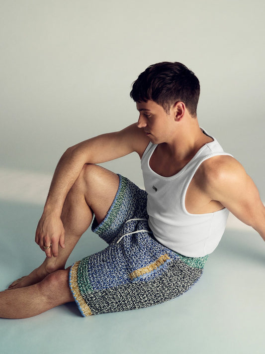Reiss | Tom Daley Crochet Panel Shorts in Yellow/Green/Blue Multi