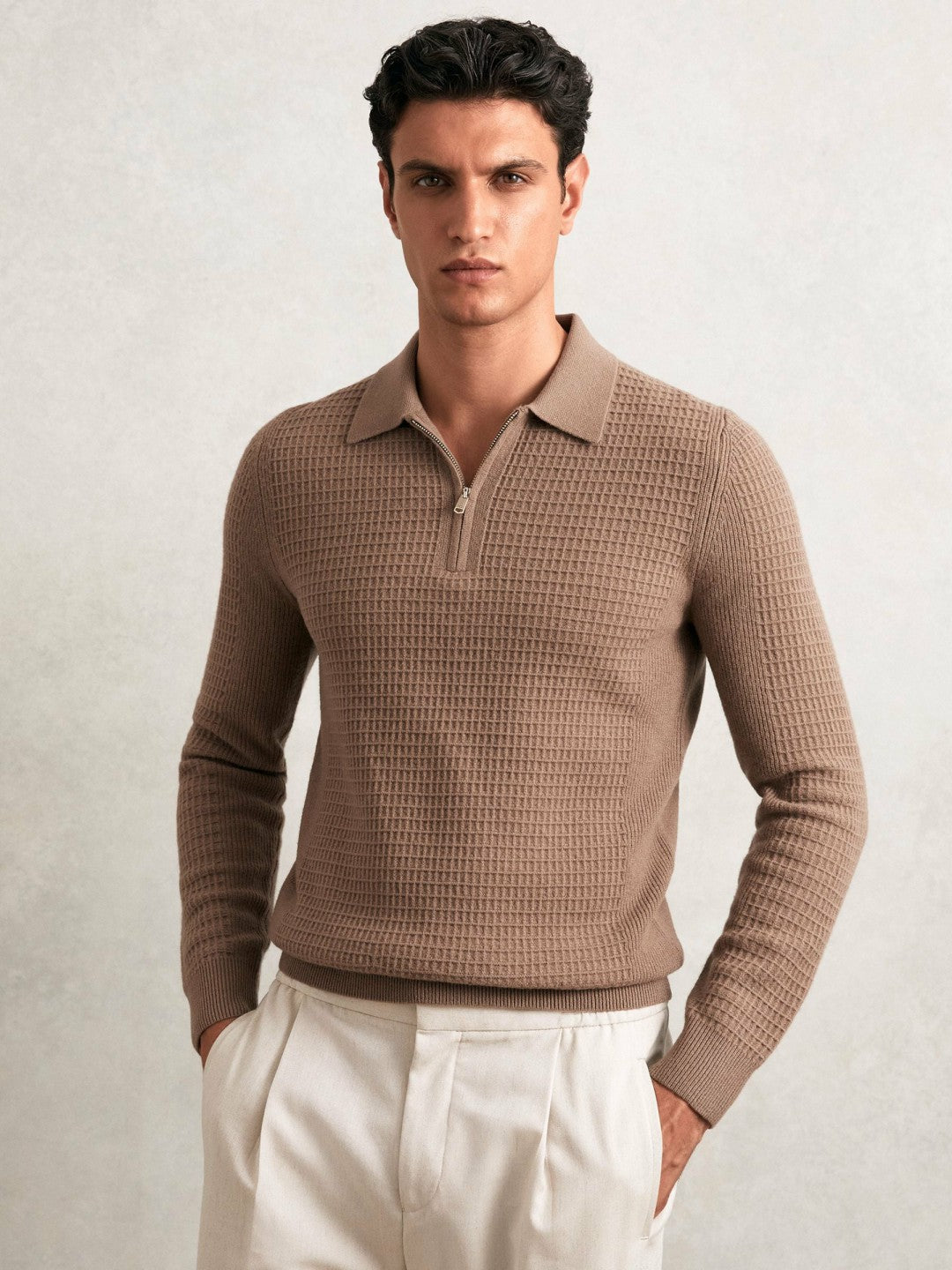 Reiss Wool Waffle-Knit Half-Zip Polo Shirt in Camel Brown