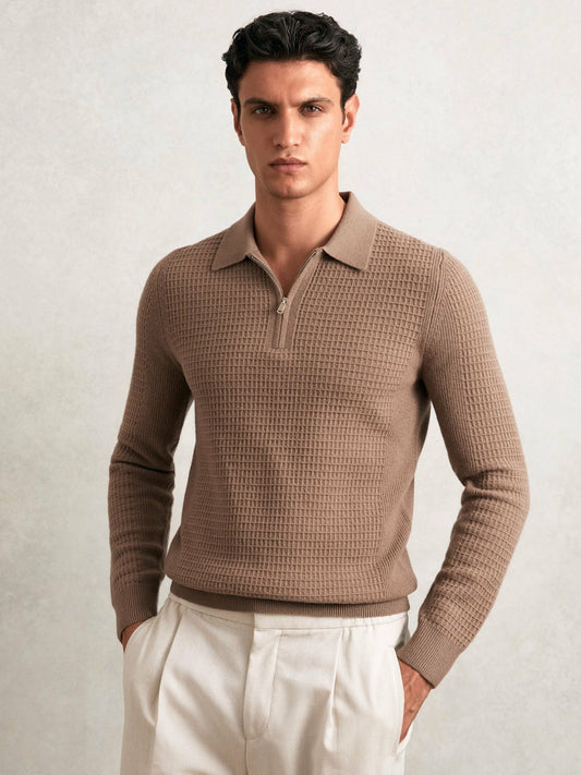 Reiss Wool Waffle-Knit Half-Zip Polo Shirt in Camel Brown