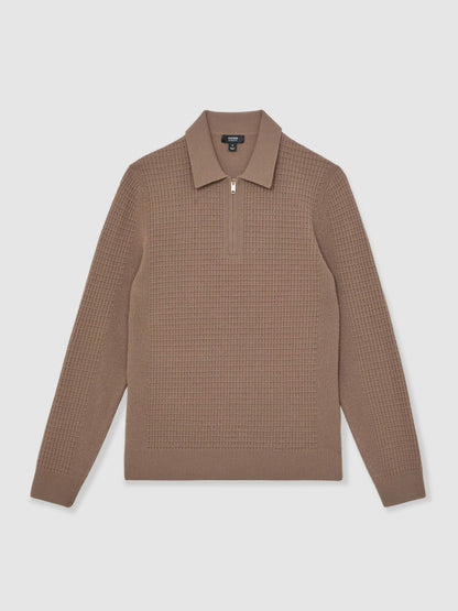 Reiss Wool Waffle-Knit Half-Zip Polo Shirt in Camel Brown