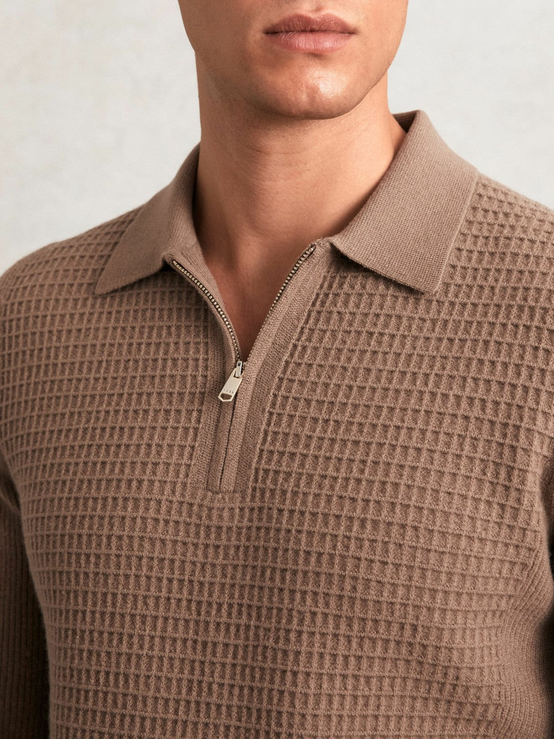 Reiss Wool Waffle-Knit Half-Zip Polo Shirt in Camel Brown