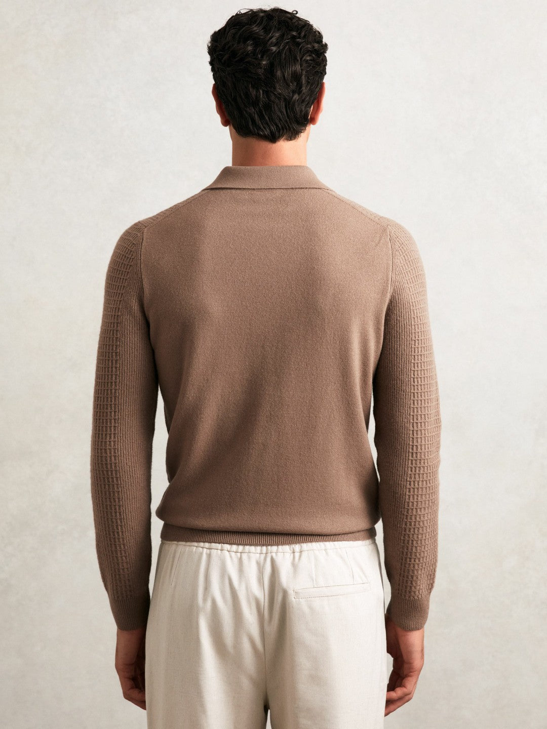 Reiss Wool Waffle-Knit Half-Zip Polo Shirt in Camel Brown