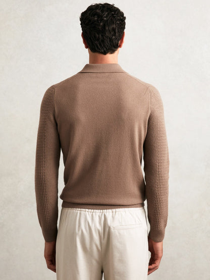 Reiss Wool Waffle-Knit Half-Zip Polo Shirt in Camel Brown