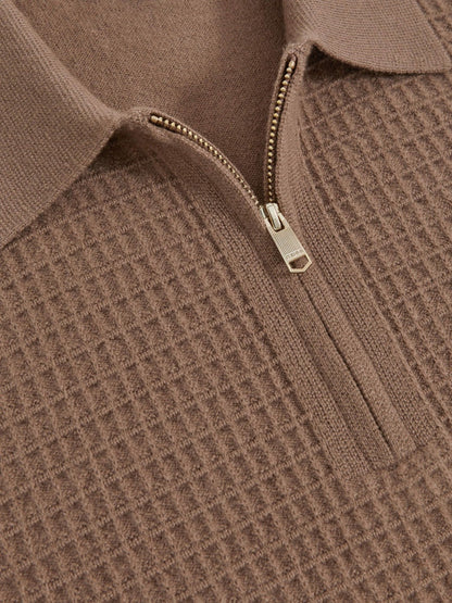 Reiss Wool Waffle-Knit Half-Zip Polo Shirt in Camel Brown