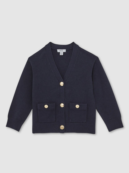 Reiss 9-13 yrs Knitted Embossed-Button Cardigan in Navy