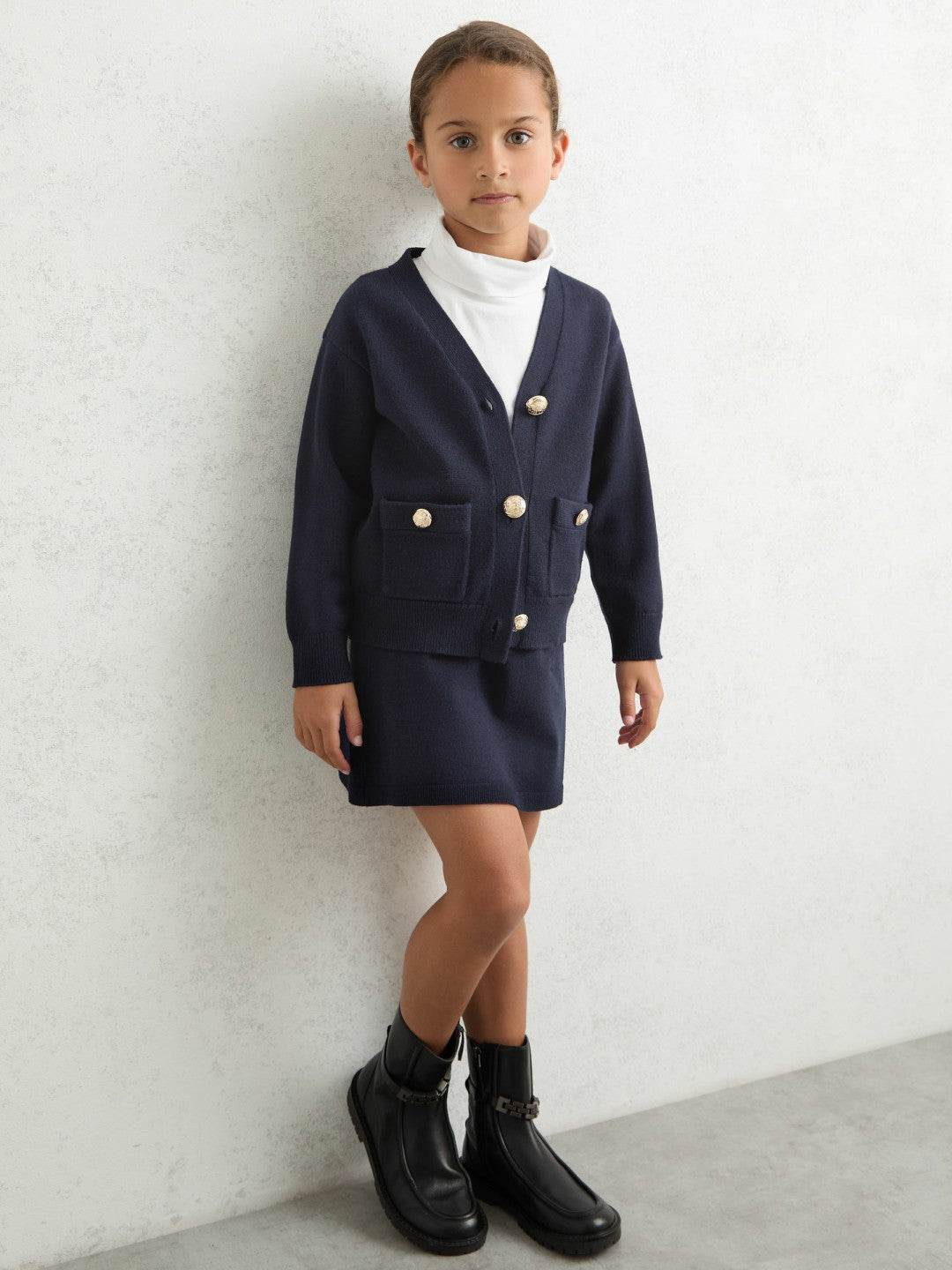 Reiss 9-13 yrs Knitted Embossed-Button Cardigan in Navy
